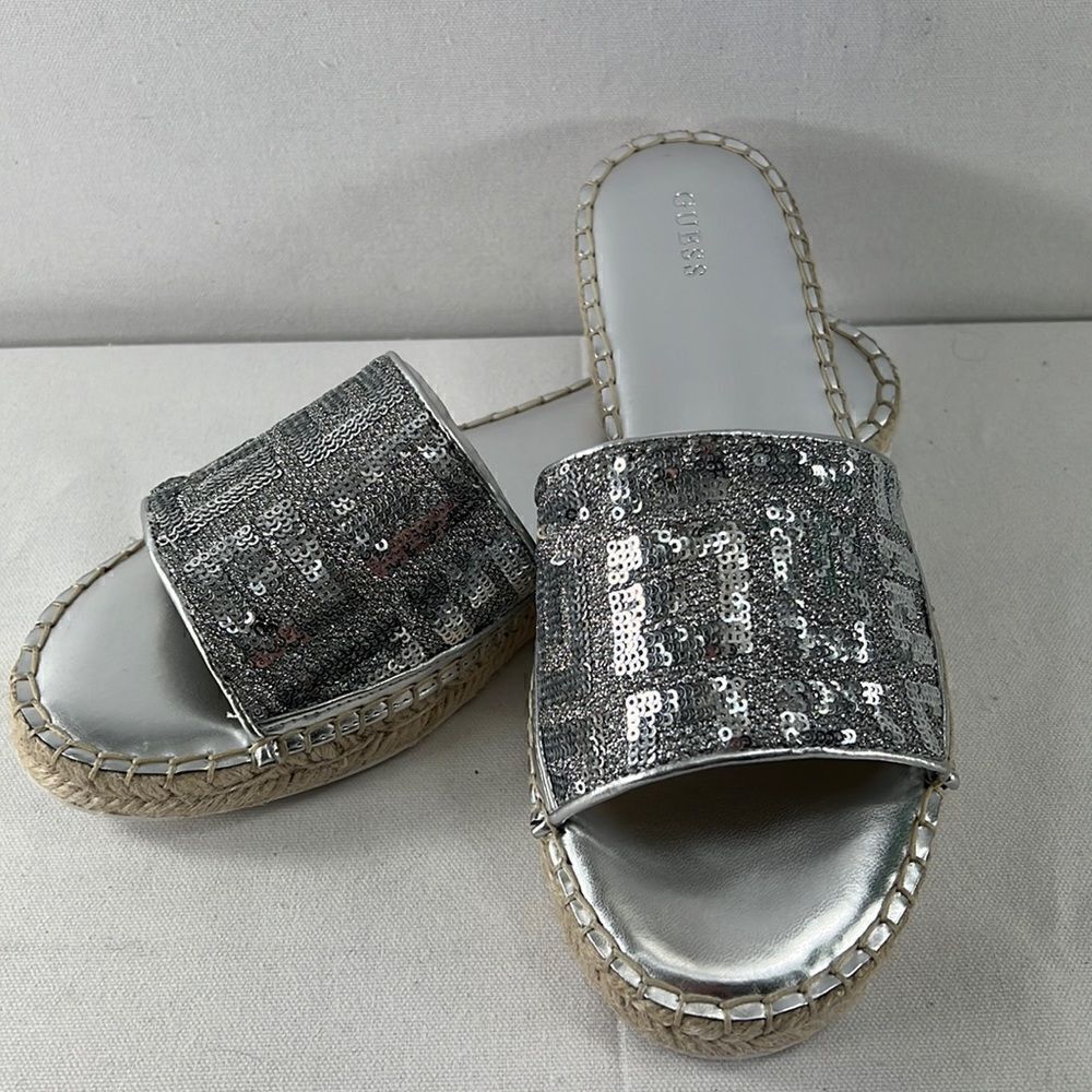 Guess Guidany Espadrille Sandals Silver Multi Fabric size 10 M